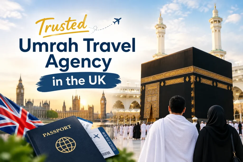Trusted Umrah Travel Agency in the UK with Kaaba and London landmarks