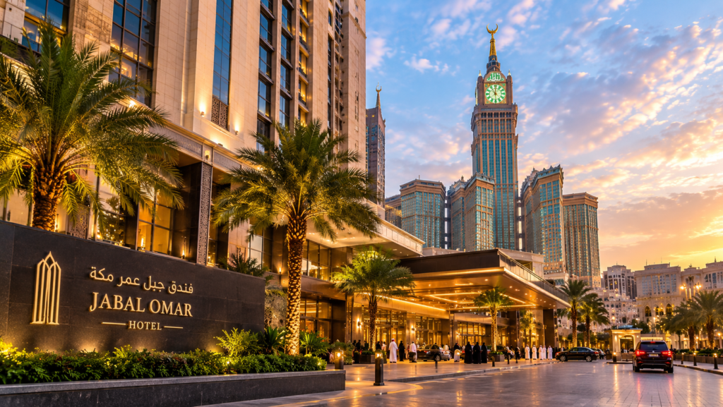 Exterior view of the illuminated Jabal Omar Hotel in Makkah with palm trees and the illuminated Clock Tower under a golden sunset sky