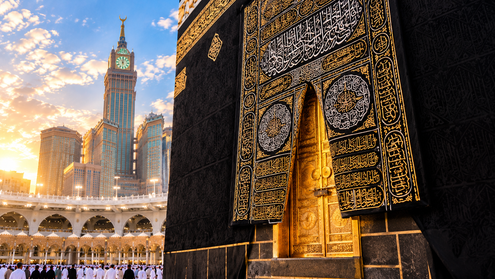 Detailed view of the Kaaba's golden door and intricate gold-embroidered Kiswah black cloth with the Makkah Clock Tower in the background.
