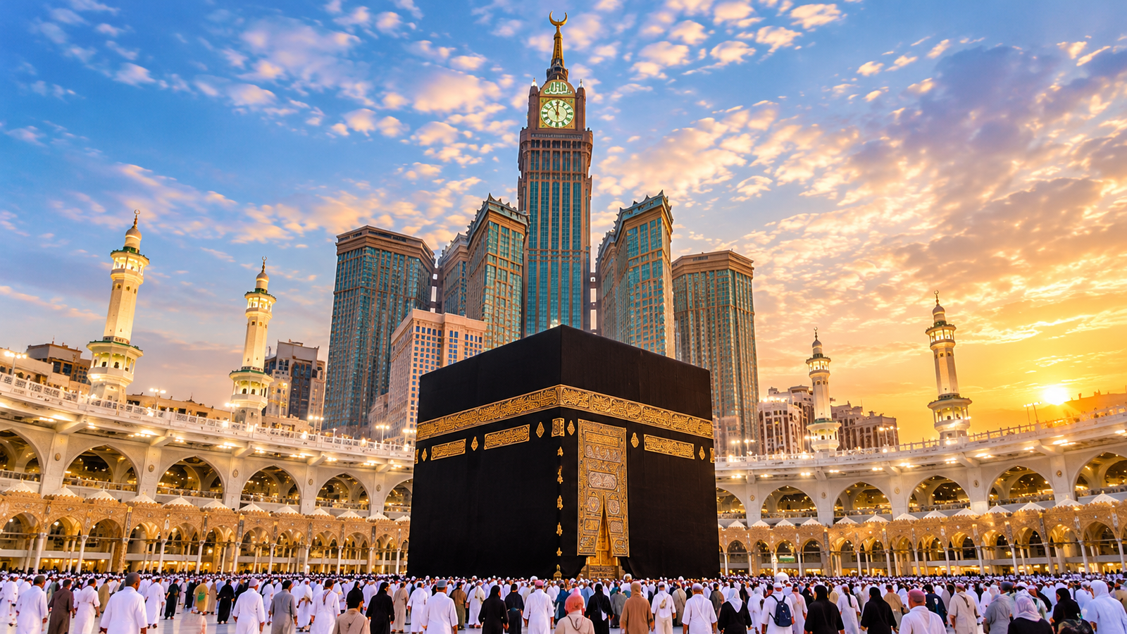 The Holy Kaaba surrounded by pilgrims in Masjid al-Haram with the iconic Makkah Clock Tower under a golden sunrise sky