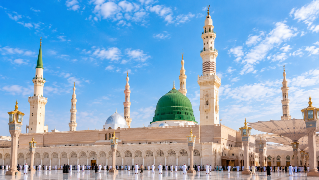 The iconic Green Dome and tall minarets of Al-Masjid an-Nabawi under a bright blue sky with pilgrims in the marble courtyard